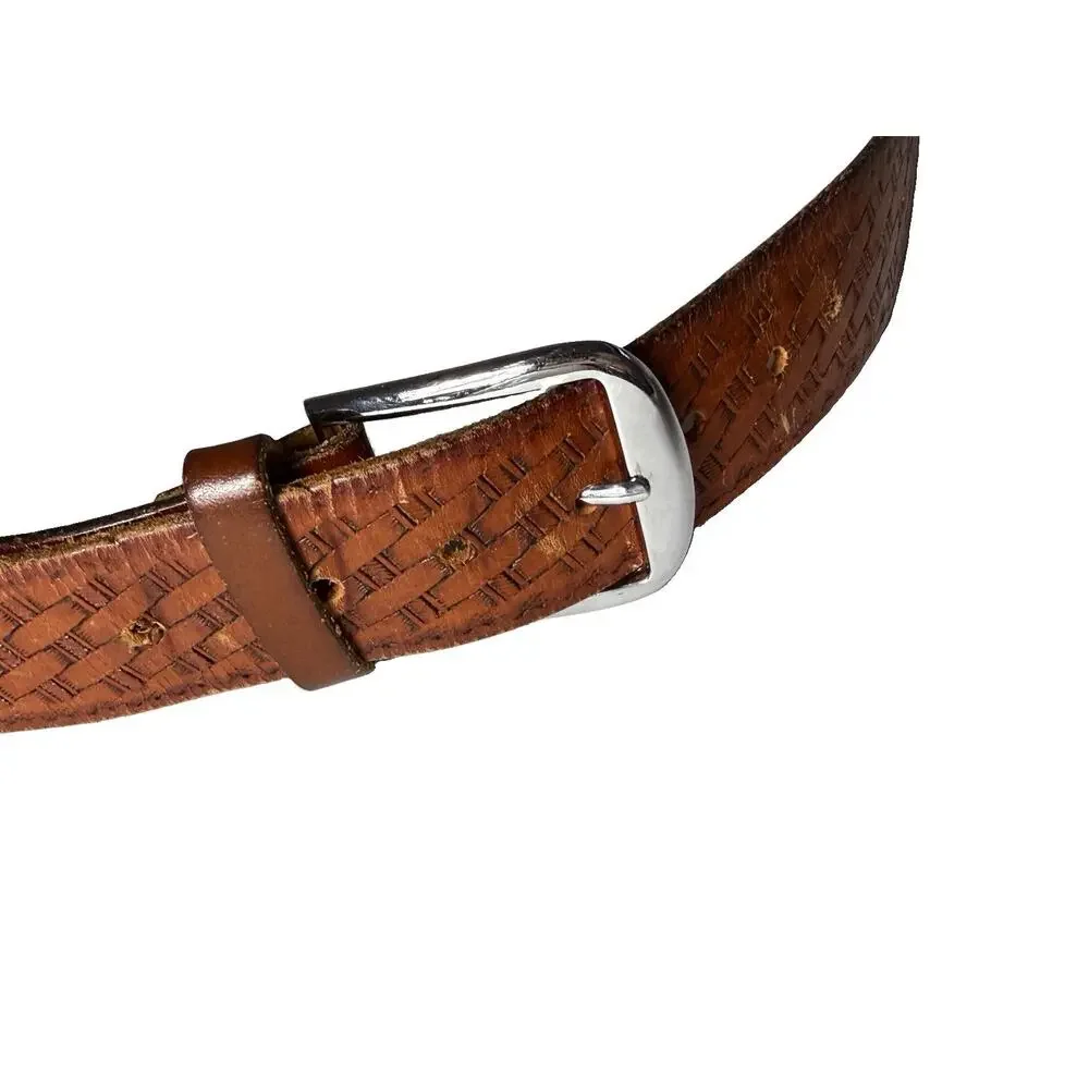 Vintage Mens Genuine Leather Belt Size 34 / 36 Brown Basketweave Silver Buckle